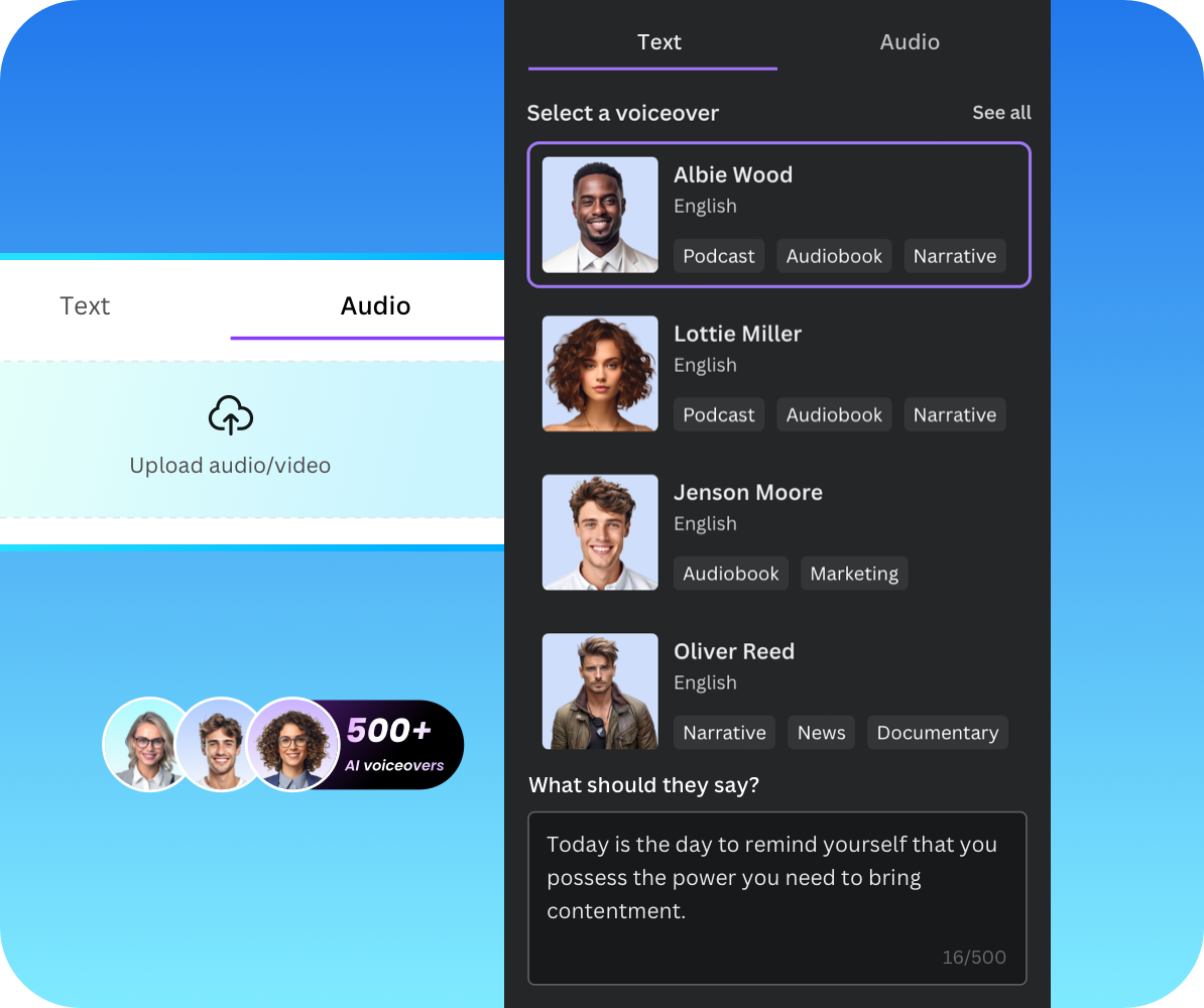 Third step on DupDub canva for select the voiceover to generate the speech